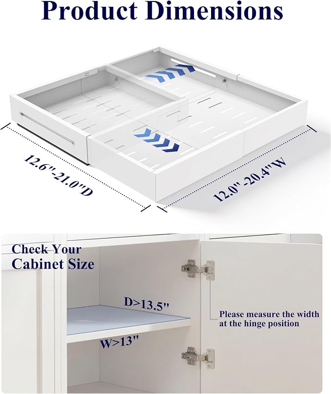 Kitsure Pull Out Cabinet Organizer - 2 Pack(12.6"-21" D x 12"-20.4" W) Expandable Sliding Cabinet Shelves, Smooth Glide Drawer Organizer, Kitchen & Pantry Storage, Framed & Frameless Cabinets