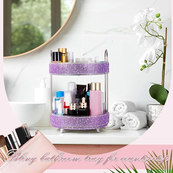 Honeydak 360 Rotating Perfume Organizer Gift for Women, Rhinestone Preppy Skincare Organizer Bathroom Counter Makeup Holder Skincare and Perfume Storage for Cosmetic(2 Tiers,Pearl,Purple)