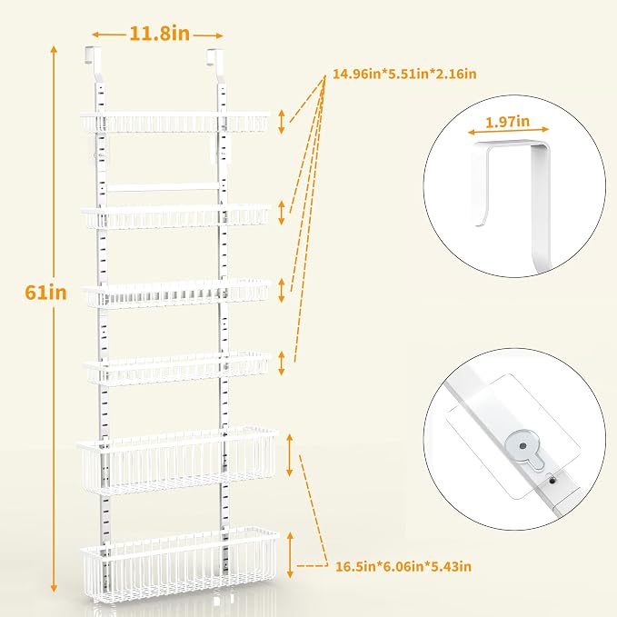 Moforoco Adjustable Over the Door Organizer, Metal Hanging Door Organizer with 5 Wire Basket 7 Hooks, Wall Mounted Shelf for Pantry Laundry Organization and Storage, White