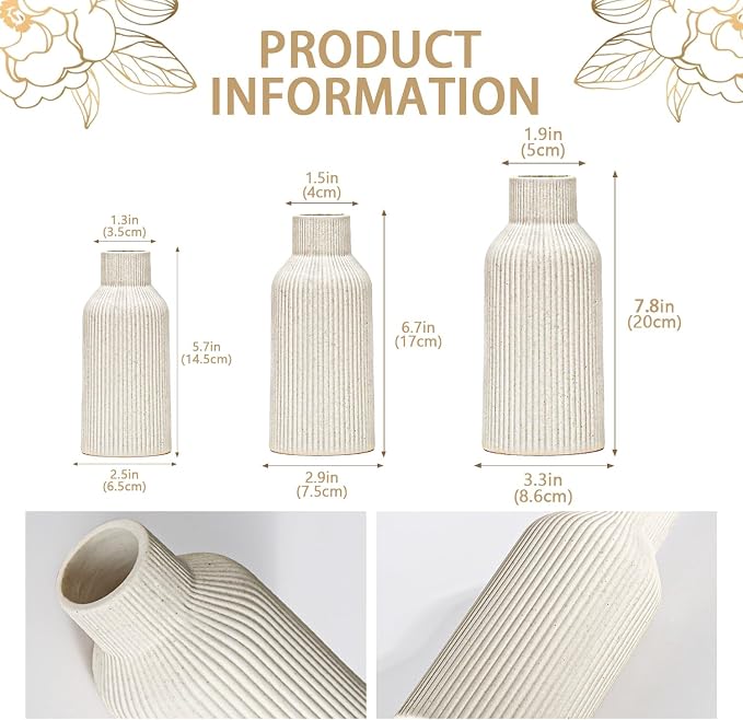 Bohemian Beige Ceramic Vase - for Pampas Grass, Mantel, Bookshelf, Entryway and Living Room Decor (Beige, Set of 3)