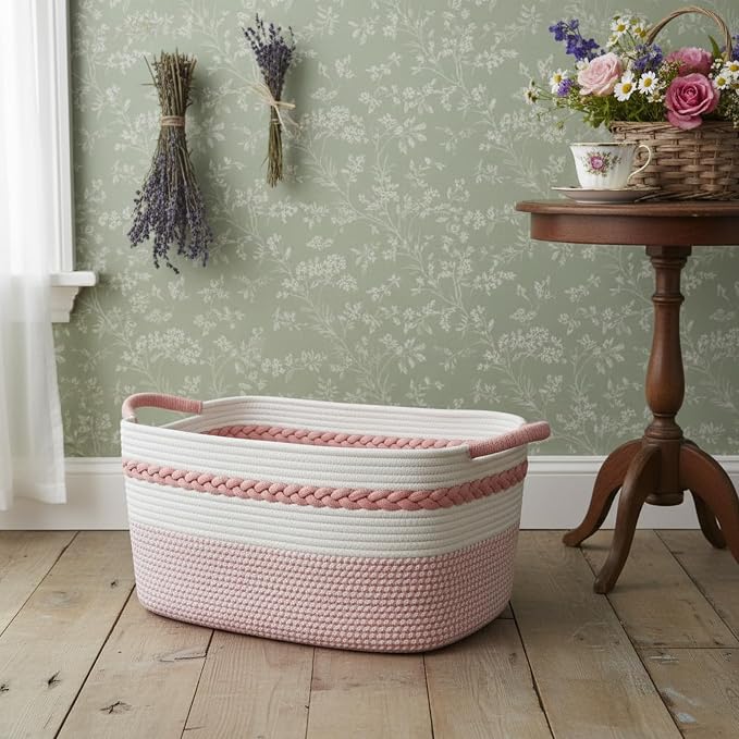 Decorative laundry basket with handles woven from natural cotton rope storage blankets for living room cute boho quilted gift baskets for clothes pillows toys 20"x14"x10",white/pink
