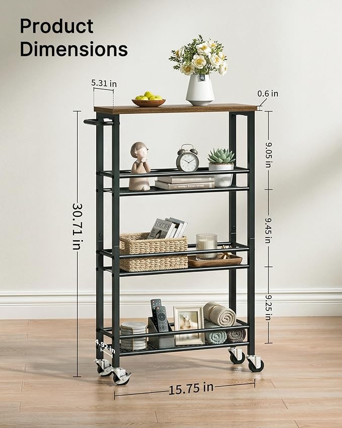 Pipishell Slim Storage Cart with Wheels - 4 Tier Rolling Kitchen Storage Cart with Handle and Wood Top, Metal Slim Bathroom Cart for Laundry Room, Bathroom, Kitchen, Narrow Space, Black & Rustic Brown