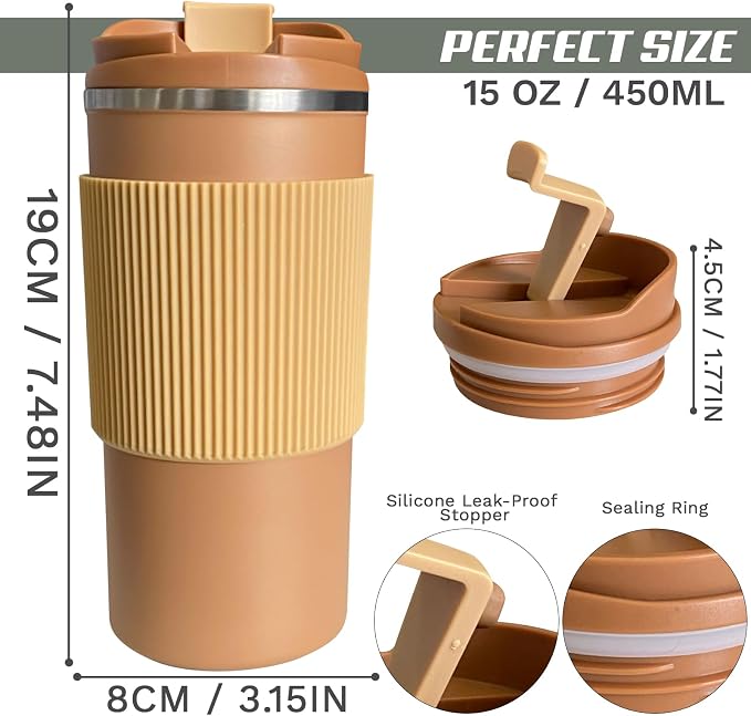 YINBAOGE Upgraded Insulated Travel Coffee Mug, Spill Proof & Leak Proof, Portable Camping Stainless Steel Tumbler, Reusable Thermal Coffee Cup with Lid for Hot & Cold Drinks (4th-khaki, 15OZ)