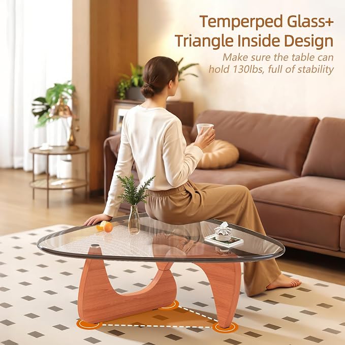Coffee Table for Living Room Mid Century Modern Center Small Table with Glass Top and Wood, Walnut Transparent(36 Inch)