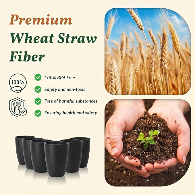 Homienly Wheat Straw Drinkware 12oz Unbreakable Drinking Glasses 6-Piece Stackable Kithen Cups Dishwasher and Microwave Safe Cups for Everyday Family Meals, Entertaining-Black