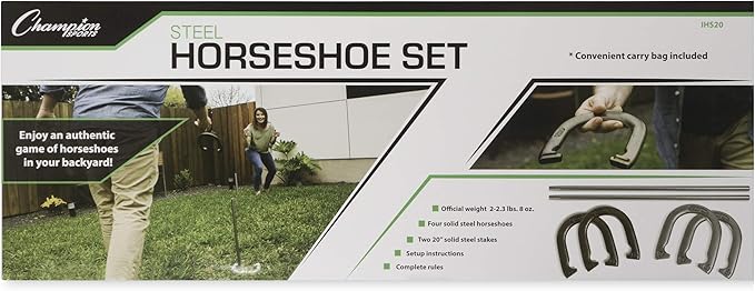 Champion Sports Horseshoe Set: Traditional Outdoor Lawn Game includes Four Professional Solid Steel Horseshoes with Solid Steel Stakes & Carrying Storage Case