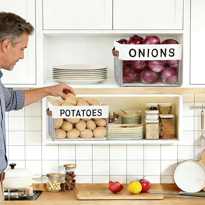 2 Pack Onion and Potato Storage Bins,Portable Vegetable Storage Basket with Handles,Large Kitchen Storage Container for Onion, Potato, Fruit, Vegetables,Countertop Kitchen Organization Container