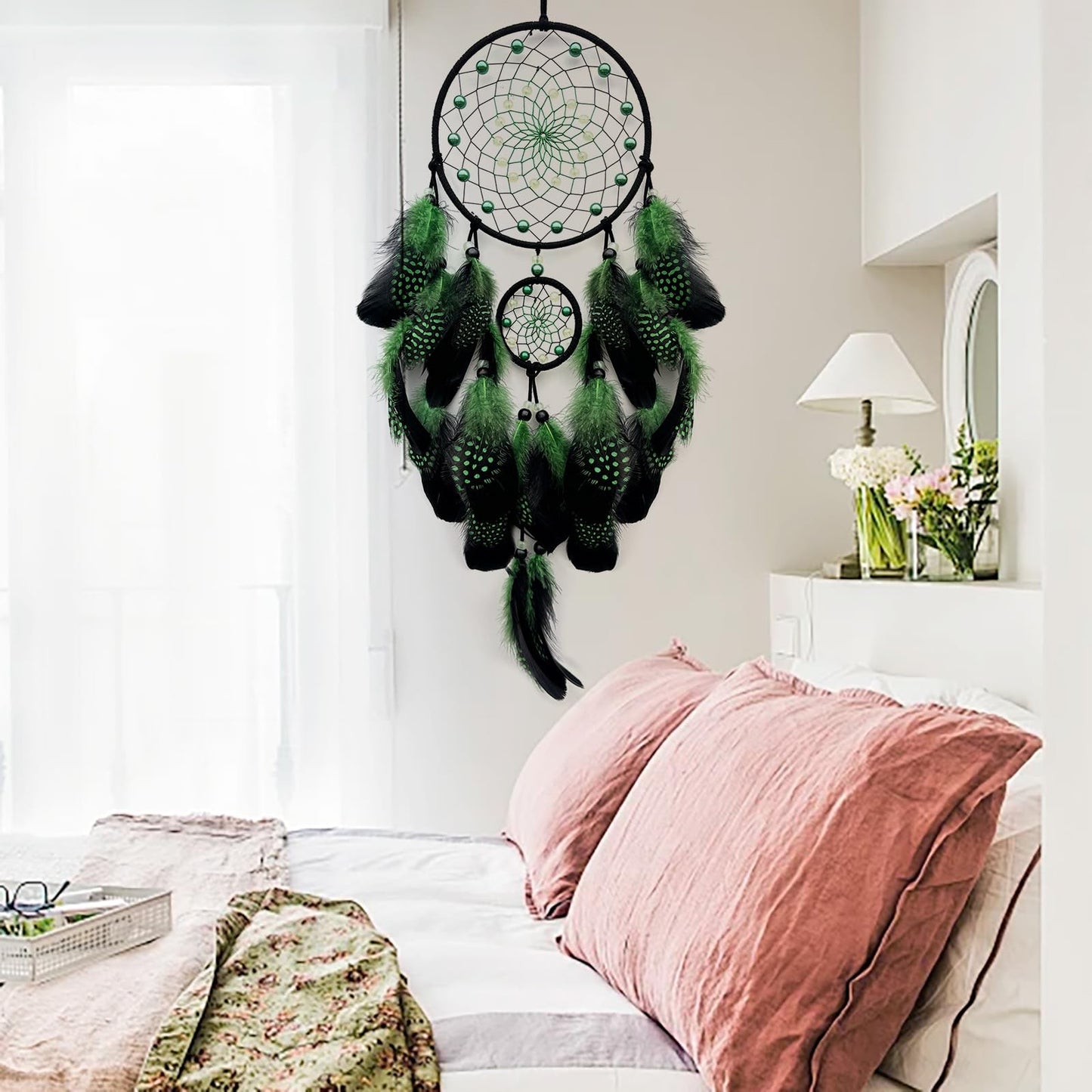 SOYUZU Green and Black Dream Catcher Wall Decor Feather Dream Catchers with Luminous Bead Handmade Dreamcatcher Wall Hanging Ornament for Bedroom Living Room Home Decor