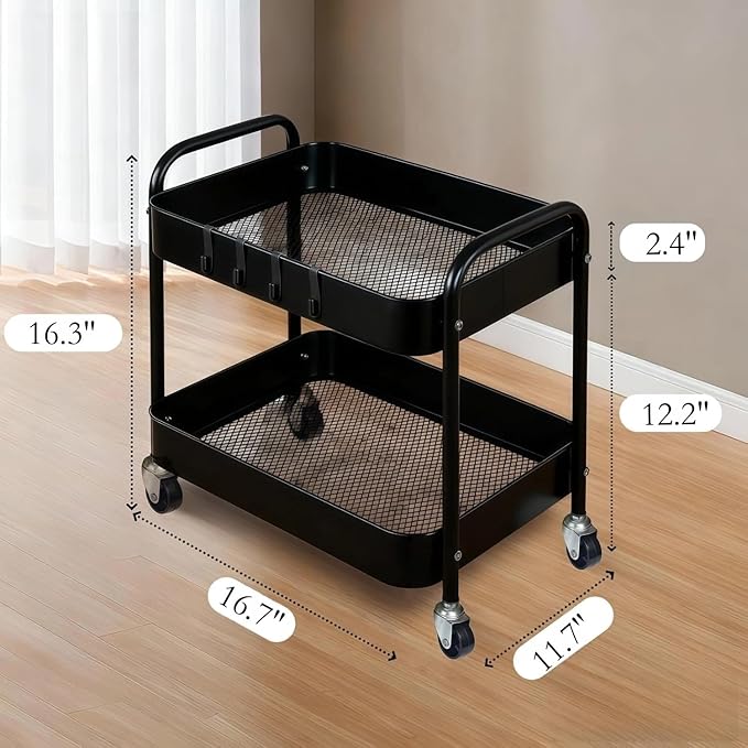 2 Tier Metal Rolling Utility Cart with Wheels Under Desk Storage Cart with Handle, Roll Around Organizer Trolley for Small Space Pantry Bathroom Home Kitchen Office Snack Baby Supplies, Black
