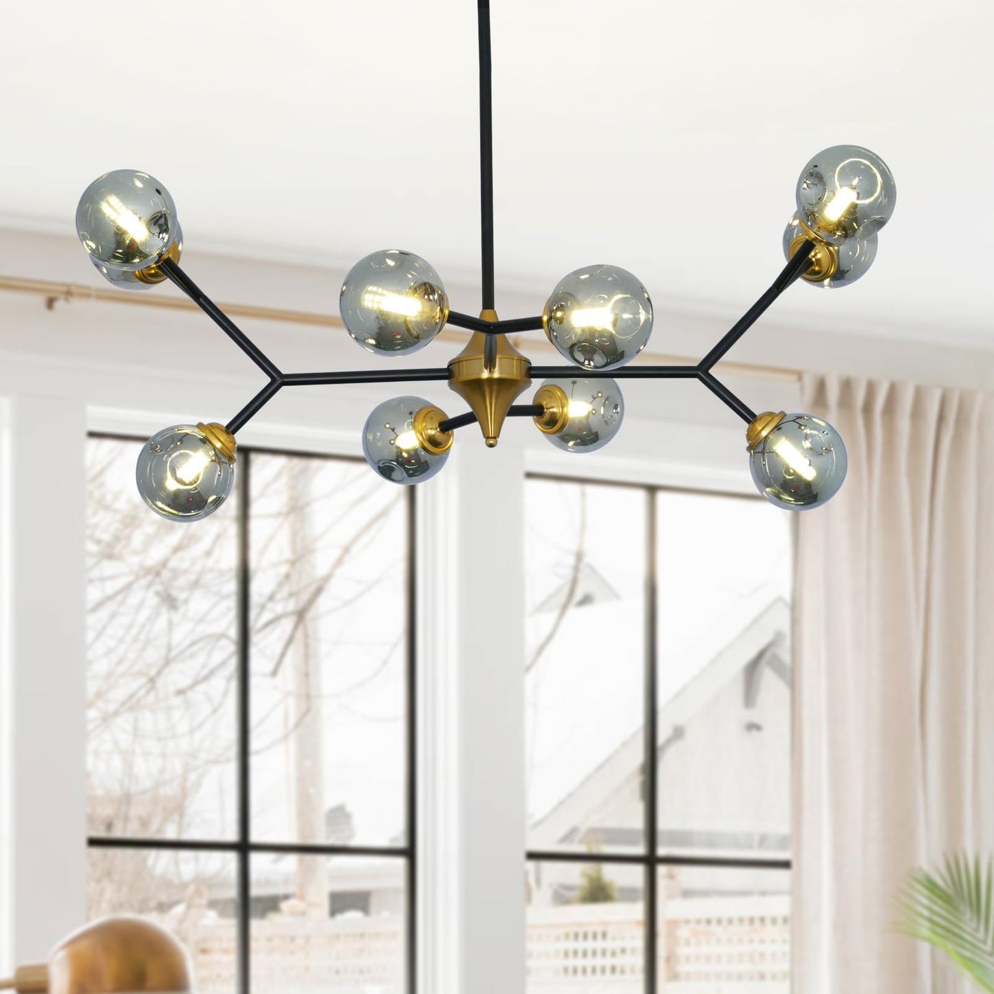 Depuley Glass Globe Sputnik Chandelier: 10-Light Modern Matte Black and Gold Ceiling Light Fixture - Vintage Hanging Chandeliers for Living Room Kitchen Dining Room Bedroom (Included G9 Bulbs)