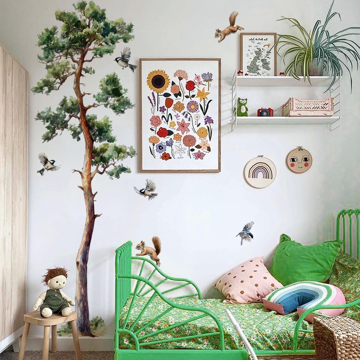 Pine Tree Wall Decals Large Green Tree Birds Wall Stickers Peel and Stick Wall Art Decals for Living Room Bedroom TV Background
