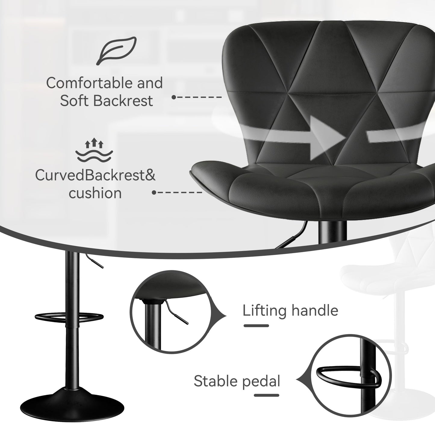 Daluvenix Bar Stools Set of 2,Adjustable Swivel Barstools, Faux Leather Bar Chairs,Upholstered Counter Height with High Backrest for Kitchen Island, Black