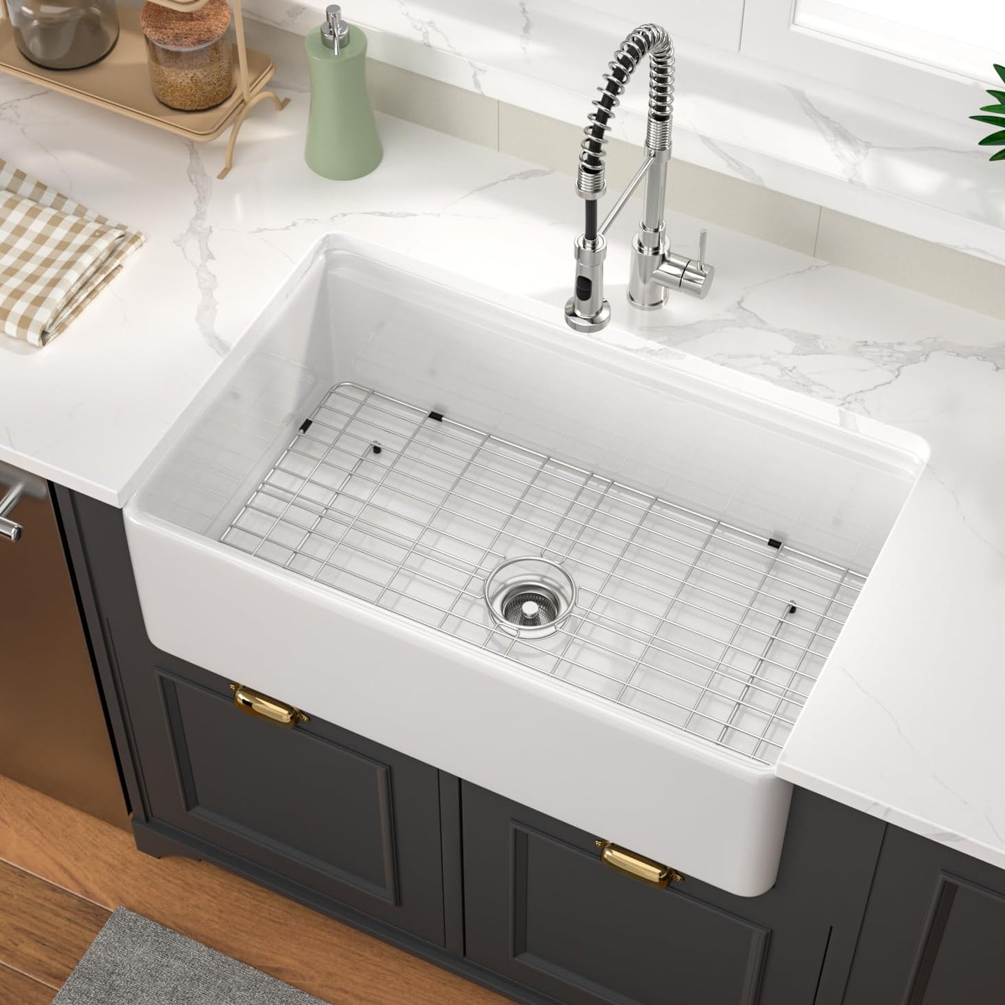 GhomeG 30 White Farmhouse Sink 30x20x10 Inch White Fireclay Apron Front Kitchen Sink Single 10 Inch Deep Ceramic Farm Farmer Style Workstation Basin