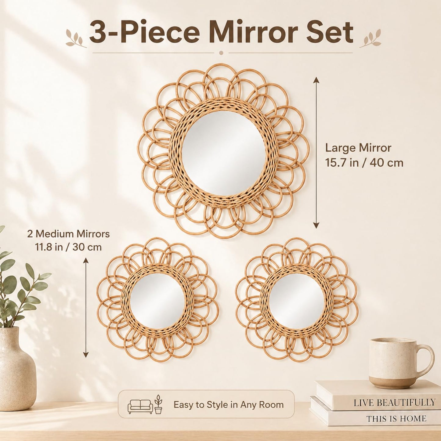 Vercraft 3 Pack Boho Rattan Mirror Wall Hanging Decor, 15.7" & 11.8" Sunflower Round Woven Decorative Circle Mirrors, Hanging Art Decor for Farmhouse Bedroom Living Room Bathroom Gallery Wall