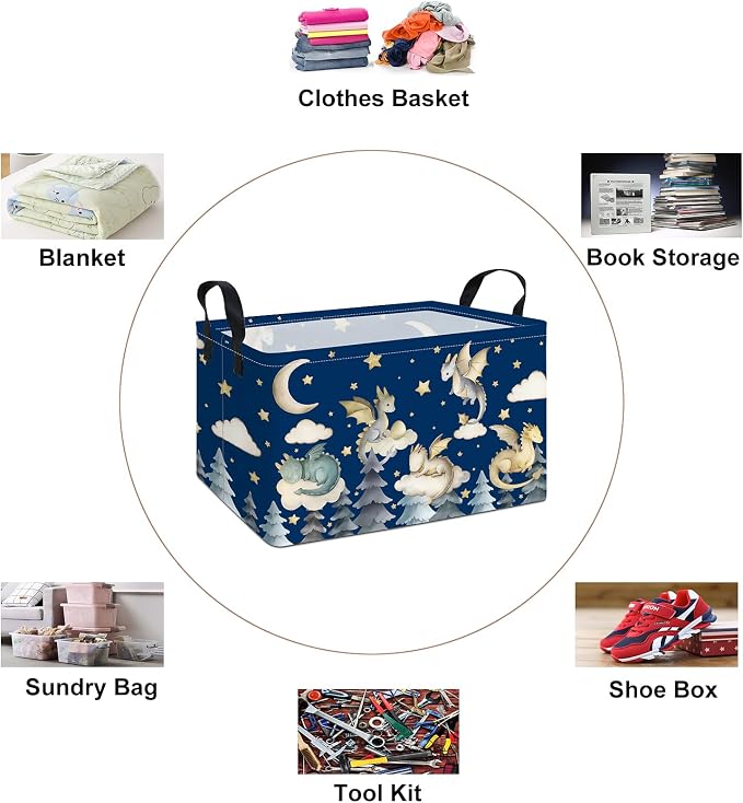 Rectangular Dragon Pattern Storage Bin, Decorative Canvas Laundry Basket with Dual Handles, Foldable Toy & Household Organizer, Multipurpose Party Gift Basket for Home Bedroom Dorm(Cute Dragon)