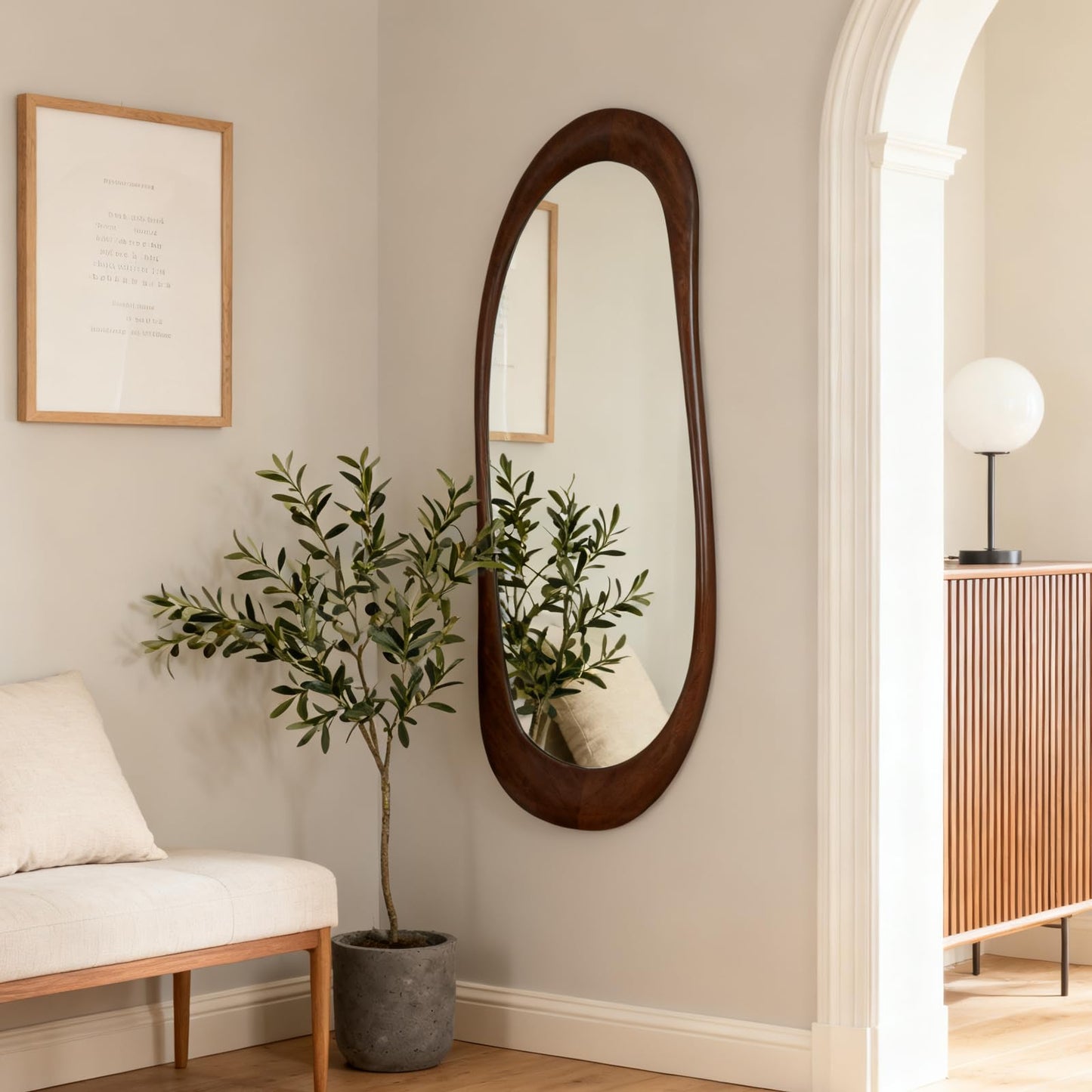 WallBeyond Asymmetrical Full Length Wooden Mirror, 22.5" x 63" Irregular Solid Wood Wall Mirror, Boho Decor for Bedroom Living Room Entryway, Mid-Century Modern, Dark Walnut