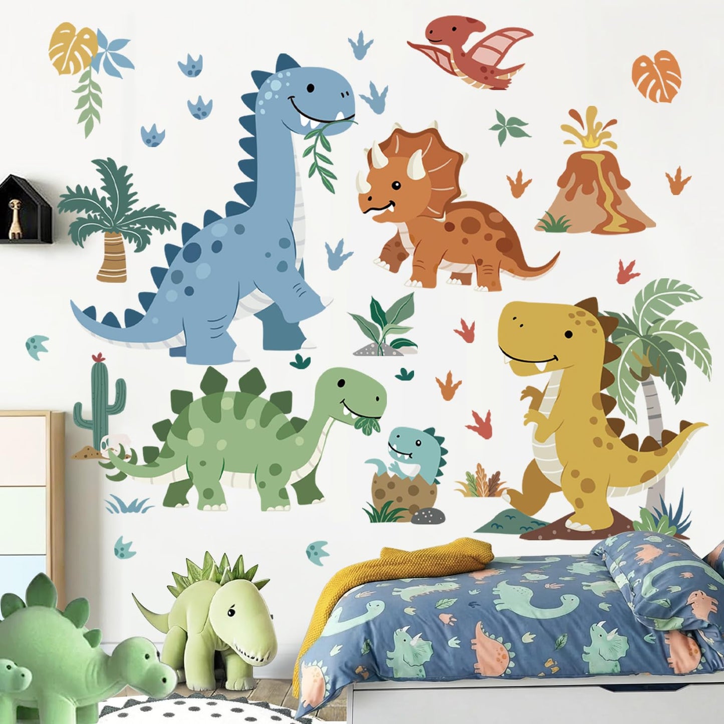 decalmile Boho Dinosaur Wall Decals Dino Tropical Plants Palm Tree Volcano Wall Stickers Boys Bedroom Toddler Kids Room Baby Nursery Home Décor