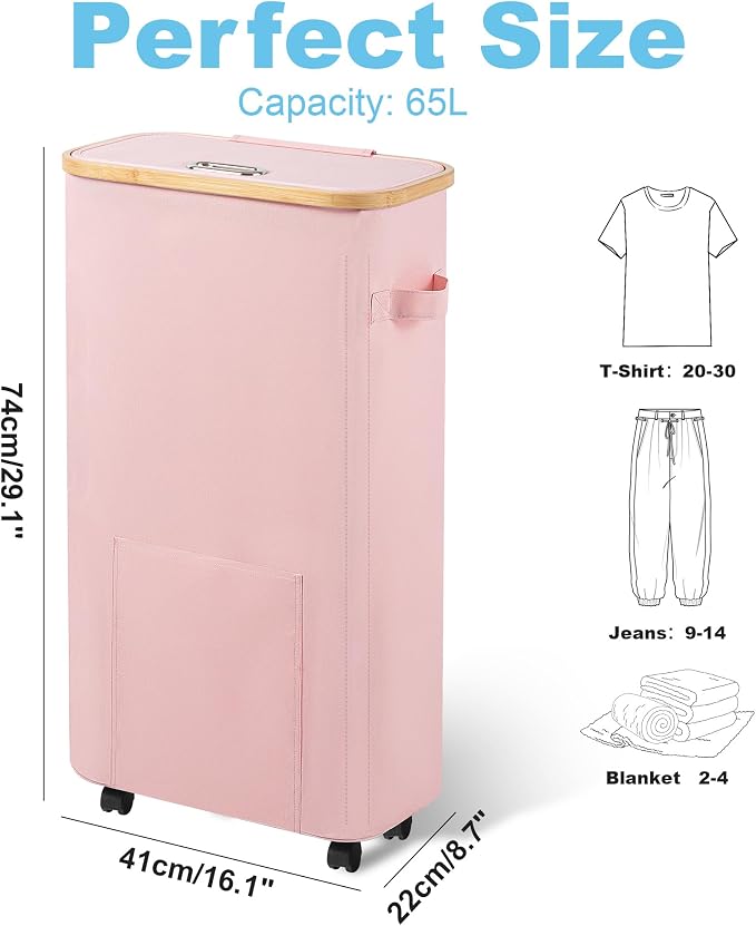 Vincona Laundry Basket with Wheels, Tall Dirty Clothes Hamper on Wheels, Rolling Laundry Hamper with lid for Dorm, Bedroom and Bathroom