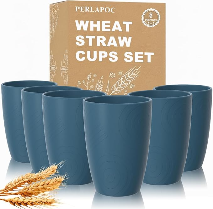 Wheat Straw Drinking Cups Set of 6, 16 OZ Unbreakable & Lightweight Plastic Cups Reusable, Dishwasher Safe Tumblers for Camping, Kitchen, RV, Party， Dark Blue