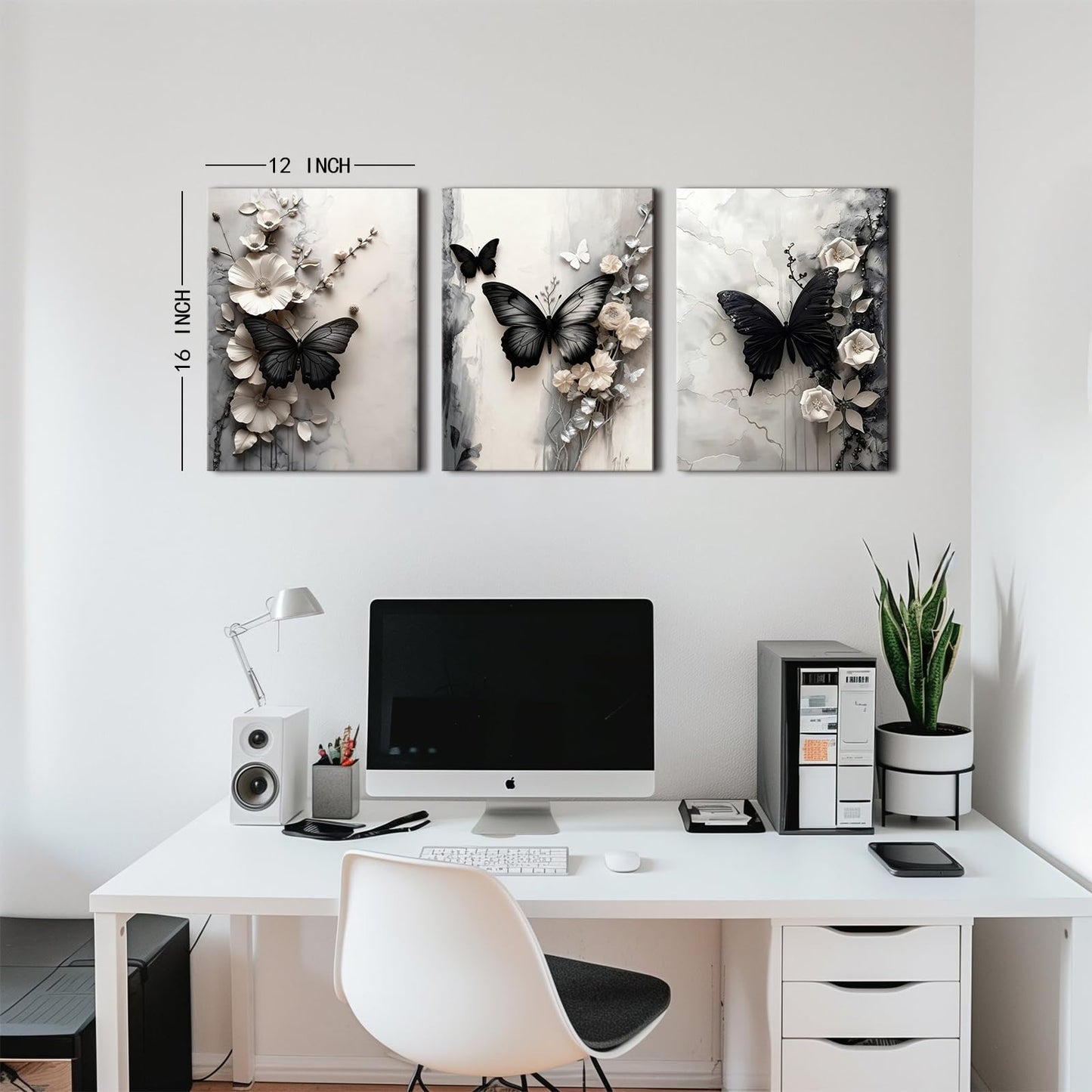 Black Butterfly Wall Art White Flowers Wall Decor Abstract Textured Floral Canvas Prints Butterfly Wildflowers Painting Poster Modern Luxury Aesthetic Canvas Artwork for Home Decorations 12x16" 3Pcs