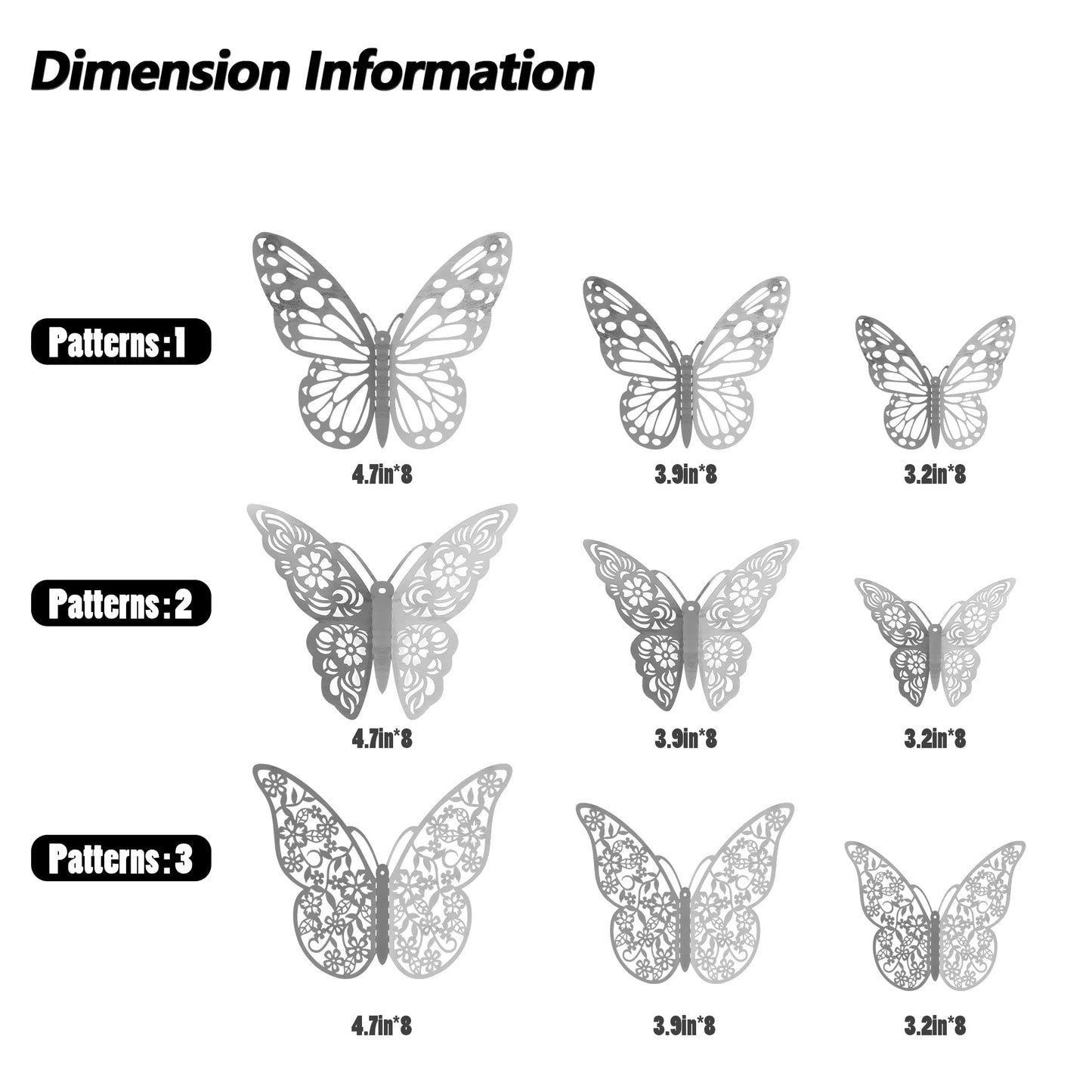 3D Butterfly Wall Stickers, 72Pcs 3 Sizes 3 Styles, Removable Metallic Wall Decals Fridge Sticker Room Mural Decoration for Kids Bedroom Nursery Classroom Party Wedding Decor DIY Gift (Sliver)