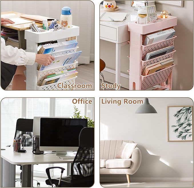 Pink Rolling Office Paper Organizer, Mobile Book Cart Document Folder File Storage with Pen Holder, Slim Rolling Storage Cart Movable Bookshelf for Office, Dorm, Classroom, Nursery