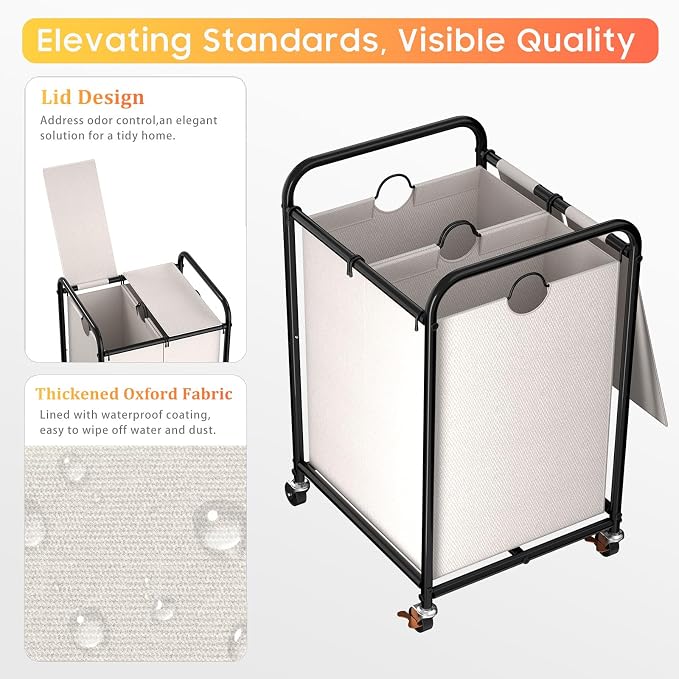 120L (31.7 Gal) Laundry Sorter 2 Section, Rolling Laundry Basket with Lockable Wheels and Lid, Laundry Hamper with 2 Separated Removable Bags Dirty Clothes Hamper for Laundry Room Organizer, White