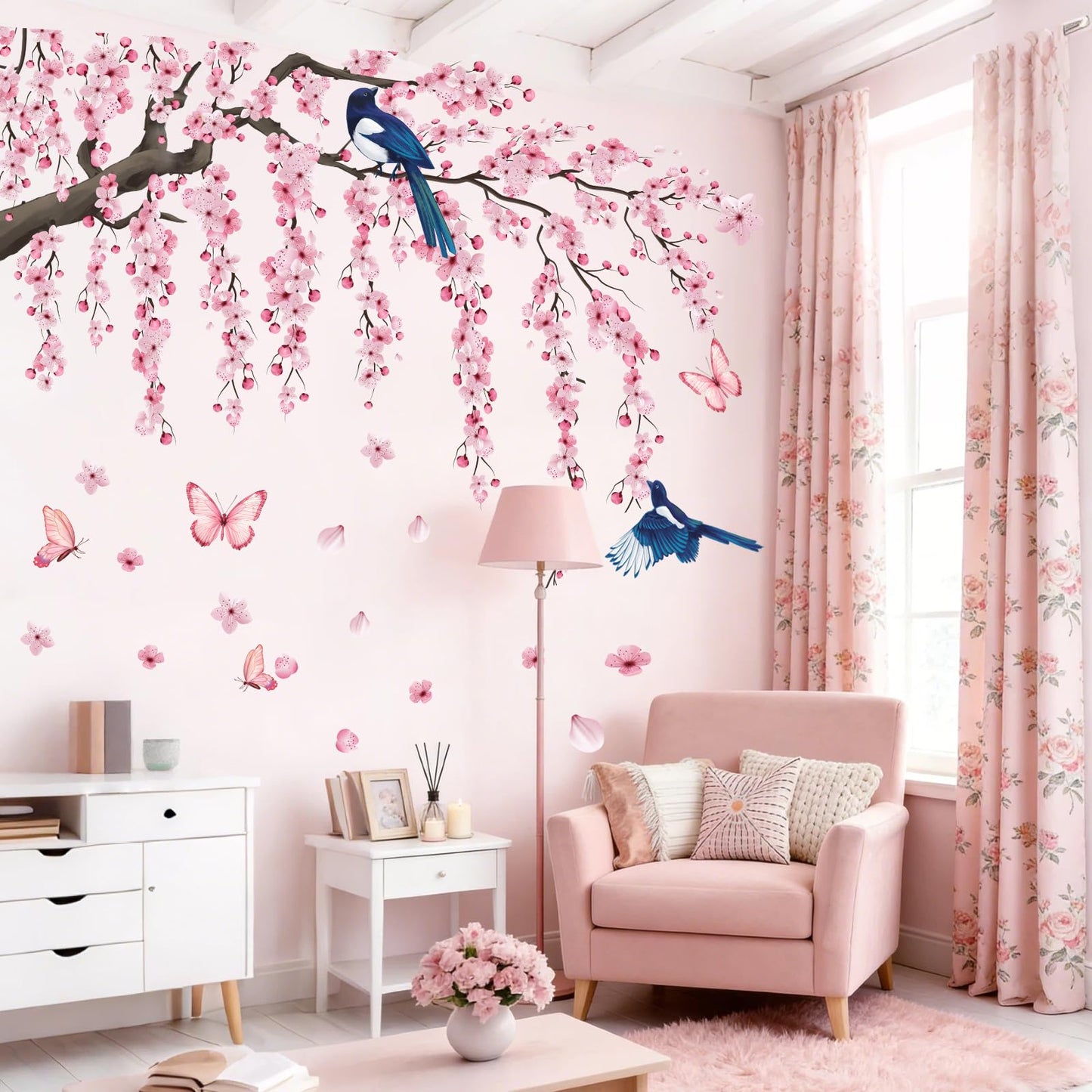 Cherry Blossom Wall Decals Stickers - Tree Floral Birds Wall Stickers Spring Pink Peel and Stick Wall Murals Decor for Living Room Bedroom