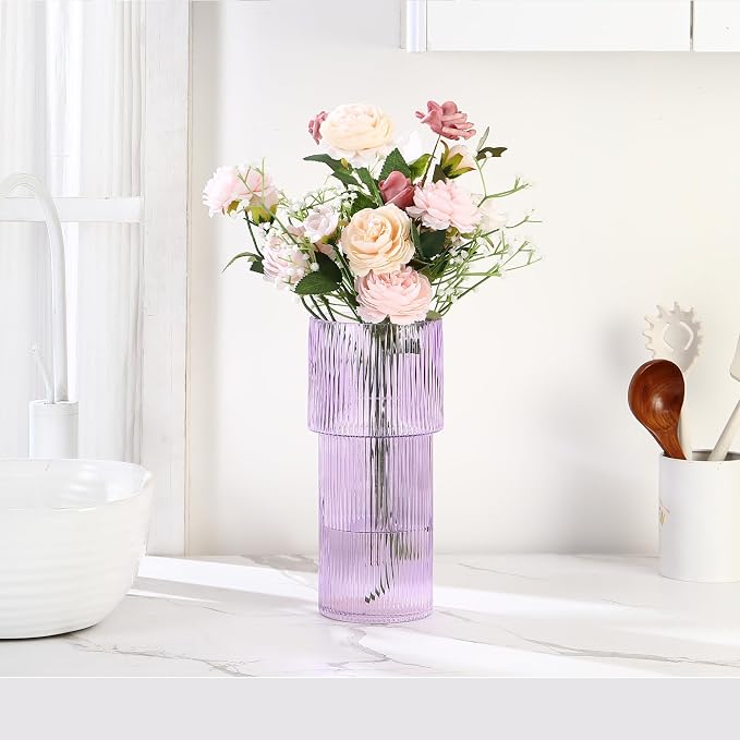 Purple Glass Vase, 12 Inches Tall Vase for Flowers, Large Flower Vases for Bouquet, Modern Purple Glass Vases for Living Room, Dining Table, Office, Entryway, Mantle, Shelf, Wedding Gifts