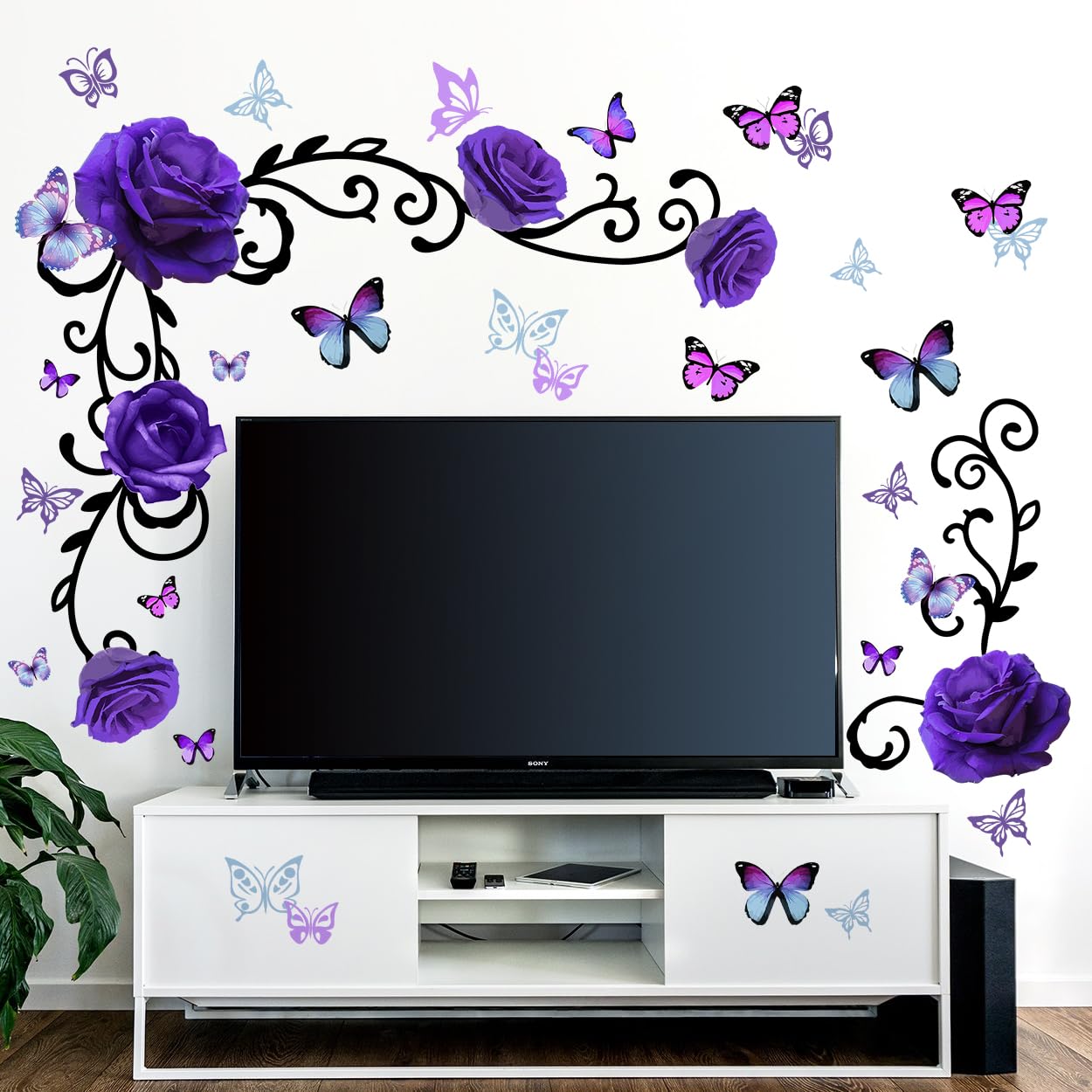 Removable Purple Floral Rose Wall Decor 3D Peel and Stick Flower Vine Black Plants Vines Leaf Wall Stickers Flying Butterfly Wall Decals for Kids Girls Baby Bedroom Nursery Living Room (Purple)