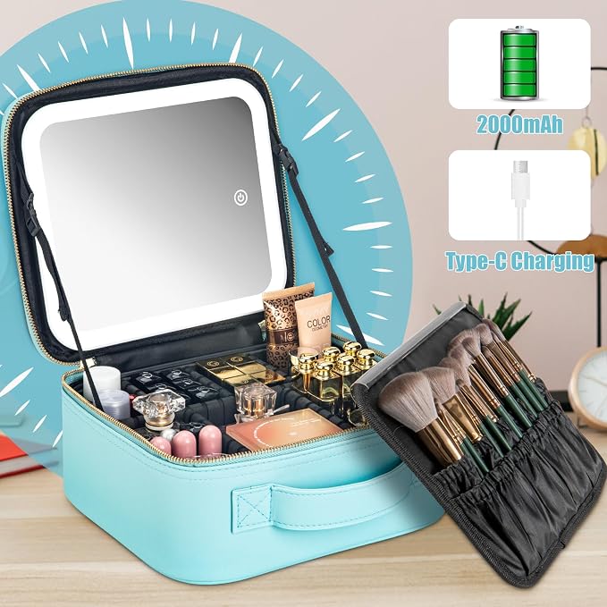 Extrei Gent Makeup Travel Train Case with Mirror LED Light 3 Adjustable Brightness Large Cosmetic Bag Portable Storage Adjustable Partition Waterproof Makeup Brushes Make up Jewelry Gift for Women