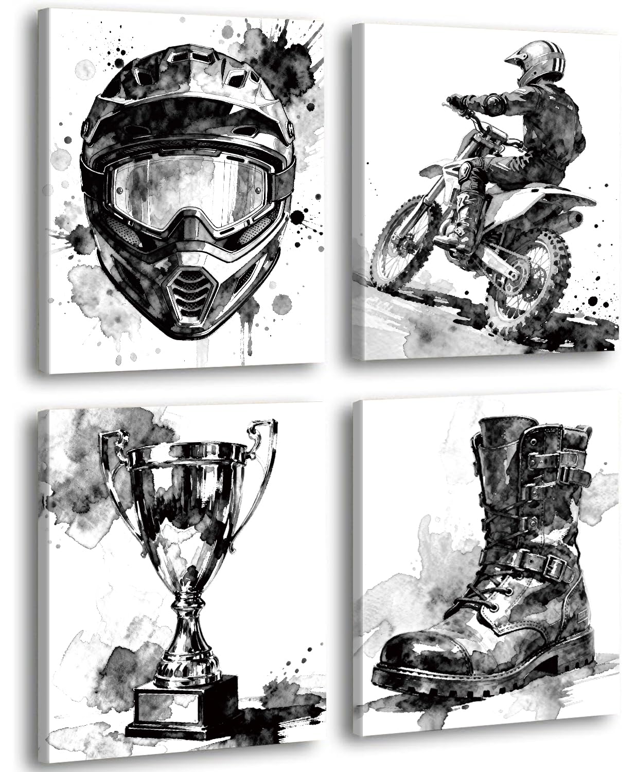 Framed Motocross Wall Art Canvas Prints,Black and White Motocross Room Decor,Dirt Bike Decor for Boys Motocross Bedroom Picture Photo,Motorcycle enthusiast boy and girl room Decor,Set of 4(8"x10")