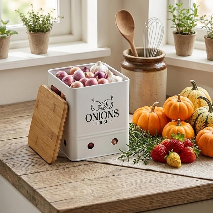 Simcat Kitchen Vegetable Storage Tins Set of 3, Potato Onion Garlic Kitchen Storage Canisters, Vegetable bin Keeper Containers with Aerating Holes and Wooden Lid (White 1)