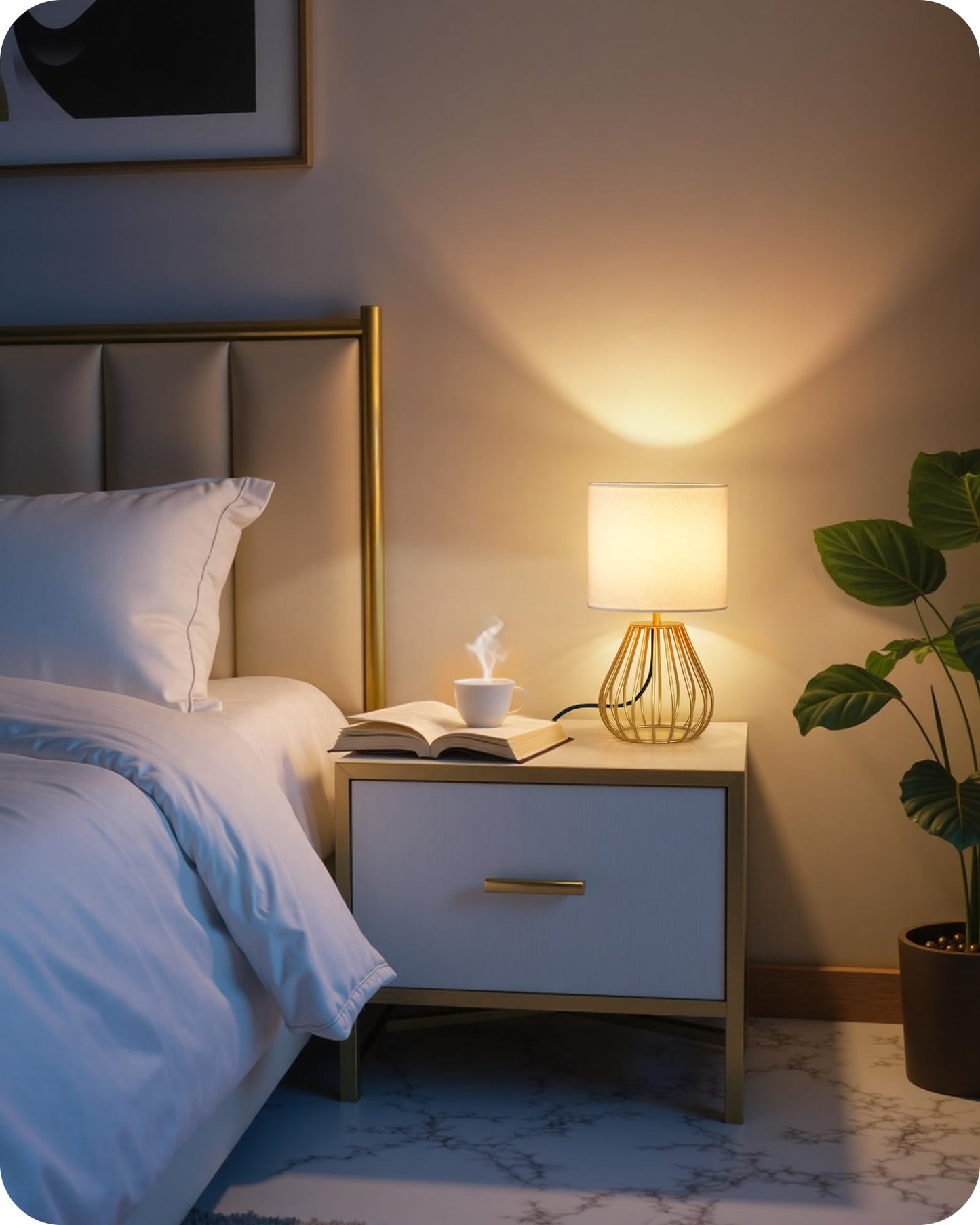 GOEBLESON Gold Table Lamp, Small Gold Bedside Lamp with Metal Base & White Linen Lampshade, Modern Nightstand Lamp, Little Cute Desk Lamp for Bedroom, Living Room, 2700K LED Bulb Included, DCW06TL05