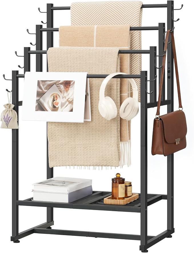 HOOBRO 4-Tier Free Standing Towel Rack for Bathroom, Blanket Rack Stand, 23.6" L x 15.9" W x 40.7" H, Freestanding Quilt Stand, Blanket Display Holder for Bedroom, Industrial Style, Black BK07LB01