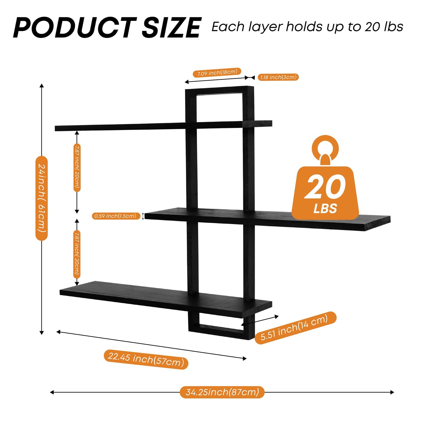 PHOENANCEE 3 Tier Wall Shelves,Decorative Floating Shelf for Wall,Plants Photo Shelf Storage Display Shelving Wood for Living Room Bedroom Kitchen Home Office Decor,Modern,Large,22 Inch(Black)