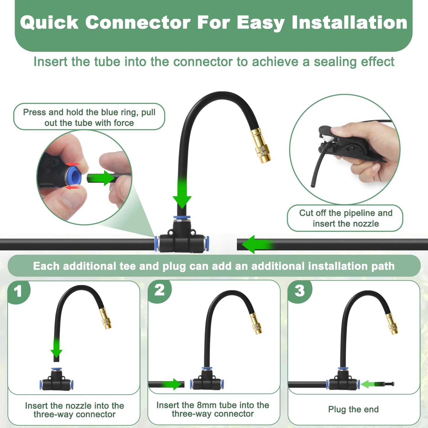 Quibbay 65.6Ft 360° Adjustable Drip Irrigation System Kit, Automatic Garden Watering System with 20 Copper Nozzles, Atomizing Misting Watering System with 360° Bending Dropper for Plant Lawn Patio