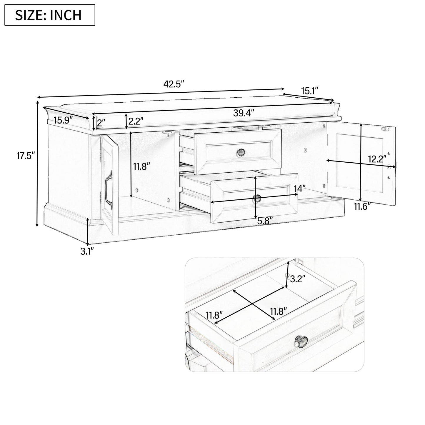 Merax Modern Wood Storage Bench with 2 Drawers and 2 Cabinets for Living Room Bed Room Entryway White