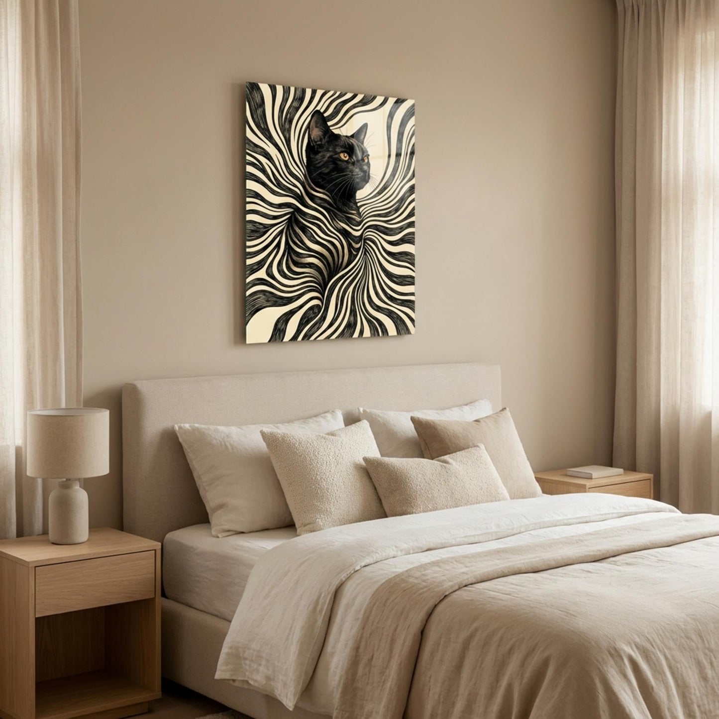 XIART Abstract Black and White Cat Tempered Glass Wall Art, Modern Surreal Optical Illusion Frameless Decor, Large Glossy Animal Print for Living Room, Bedroom & Office