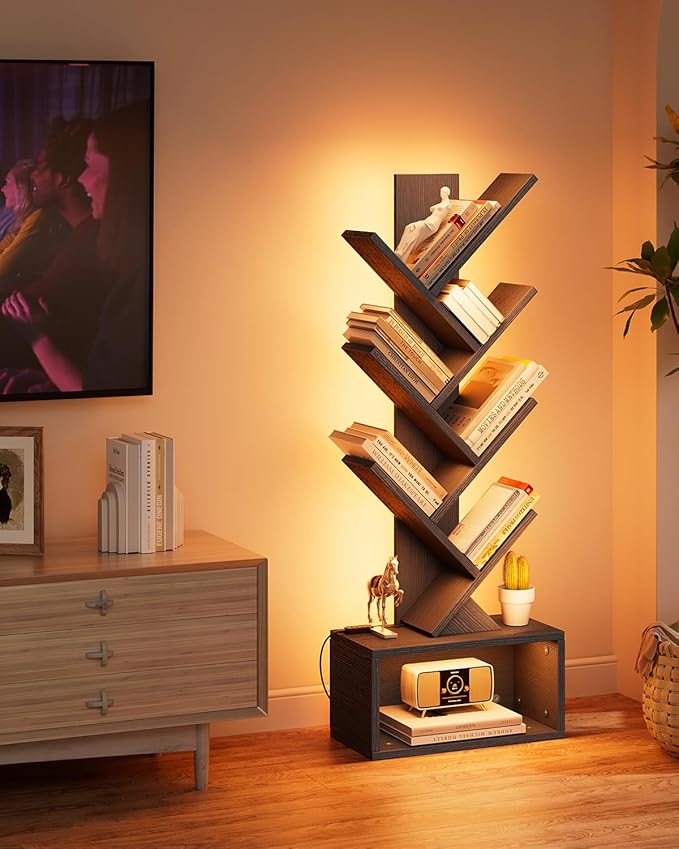Evermagin 6 Tier Tree Bookshelf with Lights, LED Book Tree Bookcase with Storage Organizer, Small Corner Bookshelf Floor Standing Book Shelf for Living Room, Bedroom & Home Office, Black
