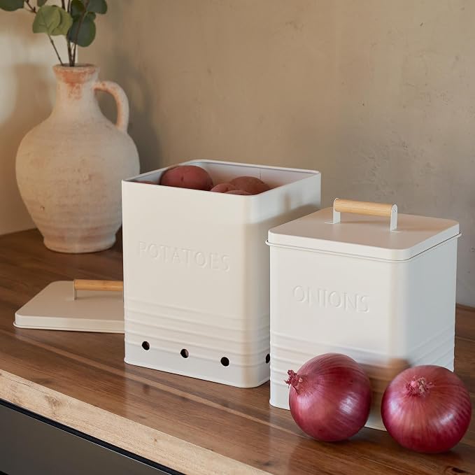 ZICOTO Beautiful Potato and Onion Storage Container Set, 10.1" & 8.9" - Perfectly Sized Spacious Canisters For Your Kitchen Counter Or Pantry - Food Safe Metal Bins Keep Produce Fresh Longer