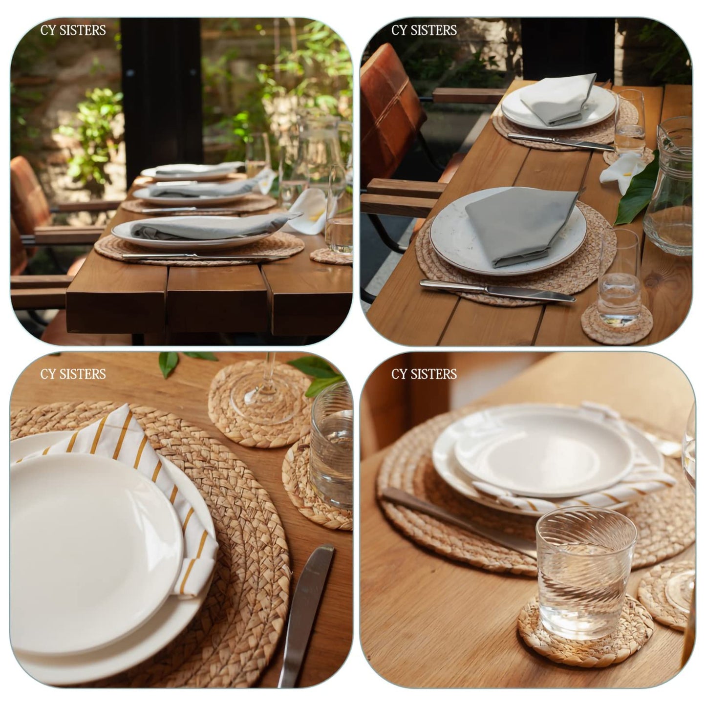 CY SISTERS Woven Placemats Set of 6 Rattan Placemats Rectangle Natural Placemats Wicker Heavy Braided Straw Placemat Farmhouse Square Plates Place mats for Indoor/Outdoor Patio Table 17.7'' X 11.8''