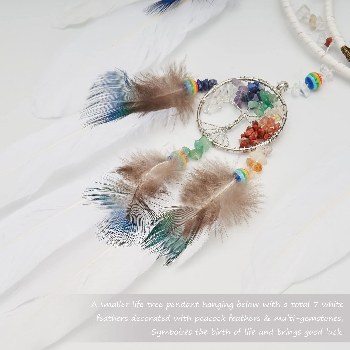 7 Chakras White Tree of Life Dream Catchers Wall Decor with Rainbow Healing Crystal Stone Handmade Art Feather Dreamcatcher Wall Hanging Ornament for Bedroom Decor Blessing Gift Wedding Party-23.6"