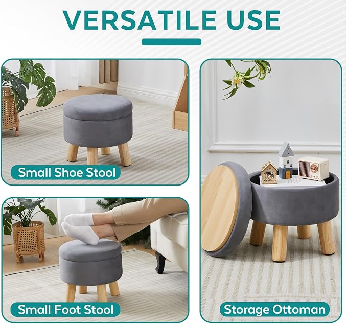 Small Foot Stool Ottoman with Storage, Velvet Ottoman Foot Rest for Couch, Round Footstool with Storage, Small Ottomans and Footstools for Living Room and Entryway (Gray)