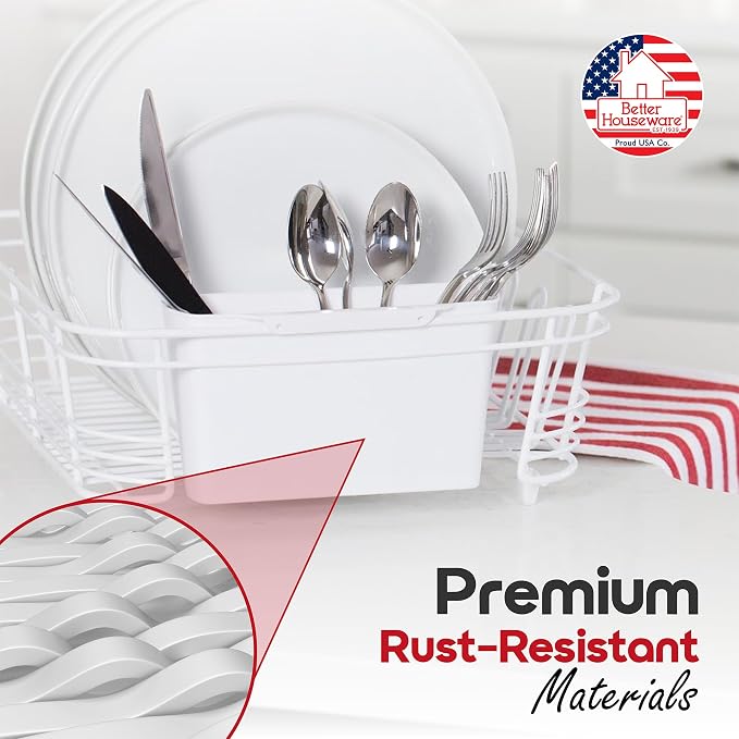 Better Houseware Dish Drying Rack, Space-Saving Dish Drainer Rack for Kitchen Counter, Kitchen Dish Strainer 2-Piece Set with Utensil Holder, White
