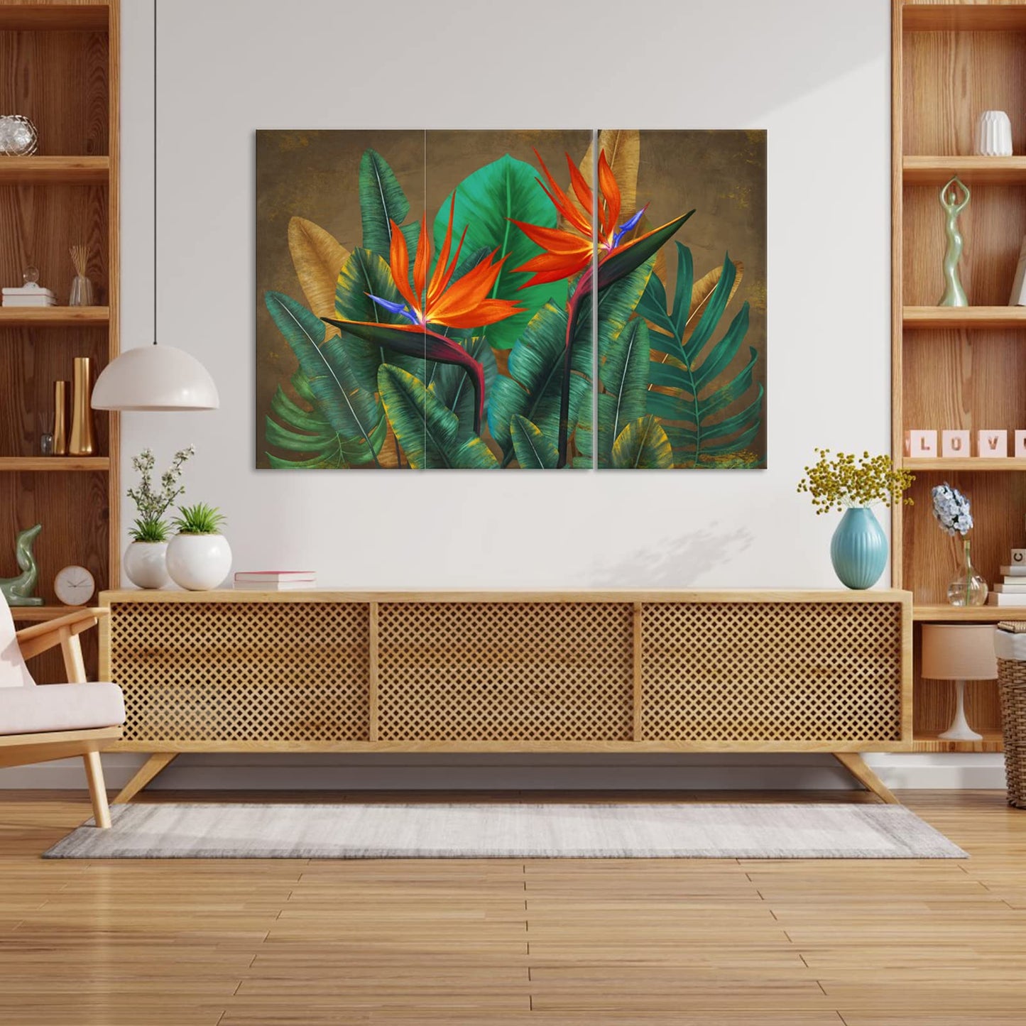 FuShvre 3 Pieces Tropical Flower Canvas Wall Art Bird of Paradise Pictures Paintings Hawaii Themed Green Palm Leaf Home Decor Framed