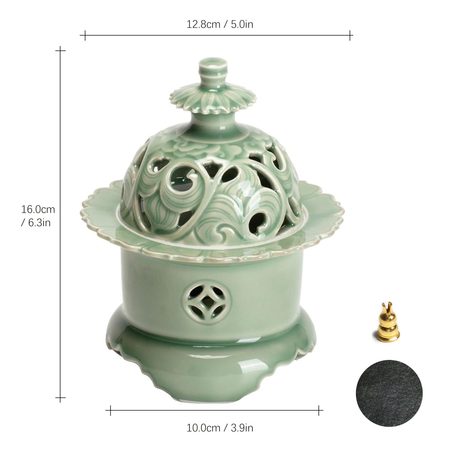 Hermit Life Three-Legged Incense Burner (Celadon), Porcelain Incense Holder with Lotus-Shaped Lid, Green