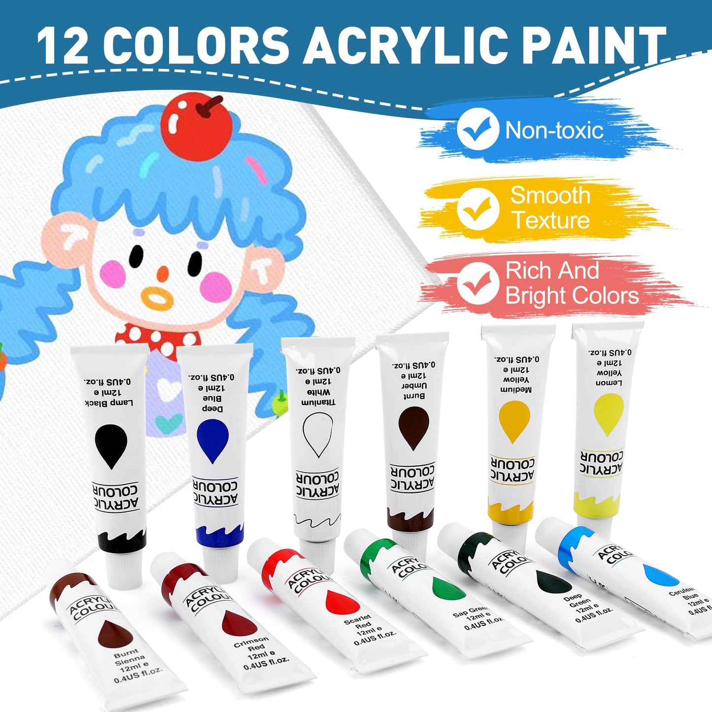 ESRICH 52PCS Acrylic Paint Canvas Set, Acrylic Painting Kit with 2 Set of 12 Colors Acrylics Paint,Paint Brushes,Canvas, Wooden Easels, Art Plates, Art Painting Supplies for Kids Adults Beginners