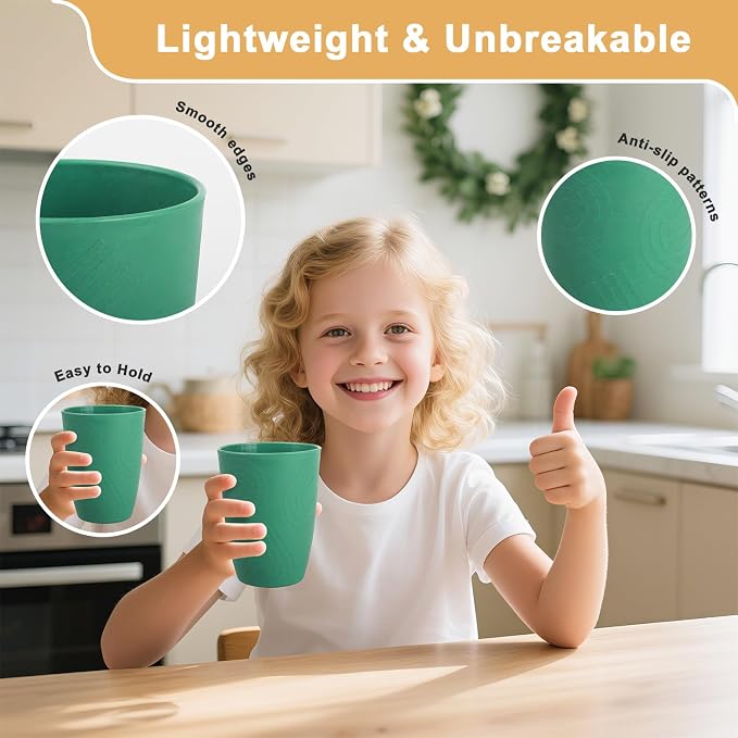 Glasses Drinking Set 6 PCS - Wheat Straw Cups Lightweight Plastic Cup Set 12 OZ Unbreakable Cups Microwave and Dishwasher Safe Water Tumbler, Kitchen Cup for Picnics, Camping, RV - Green