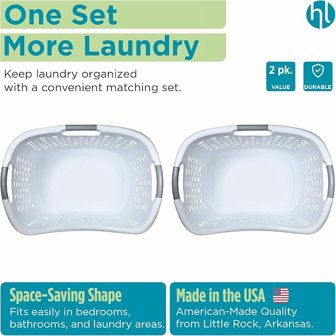 Home Logic 1.75 Bushel Plastic Laundry Basket with Hip Grip, Large Laundry Hamper with Handles, Ventilated Clothes Organizer for Bedroom Bathroom Closet, 2 Pack, White